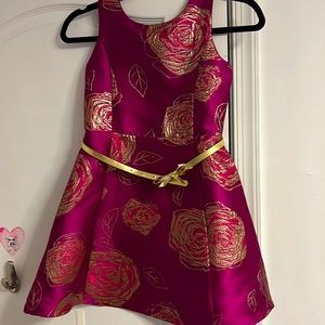 Plum knee length dress with gold stitched flowers and gold belt